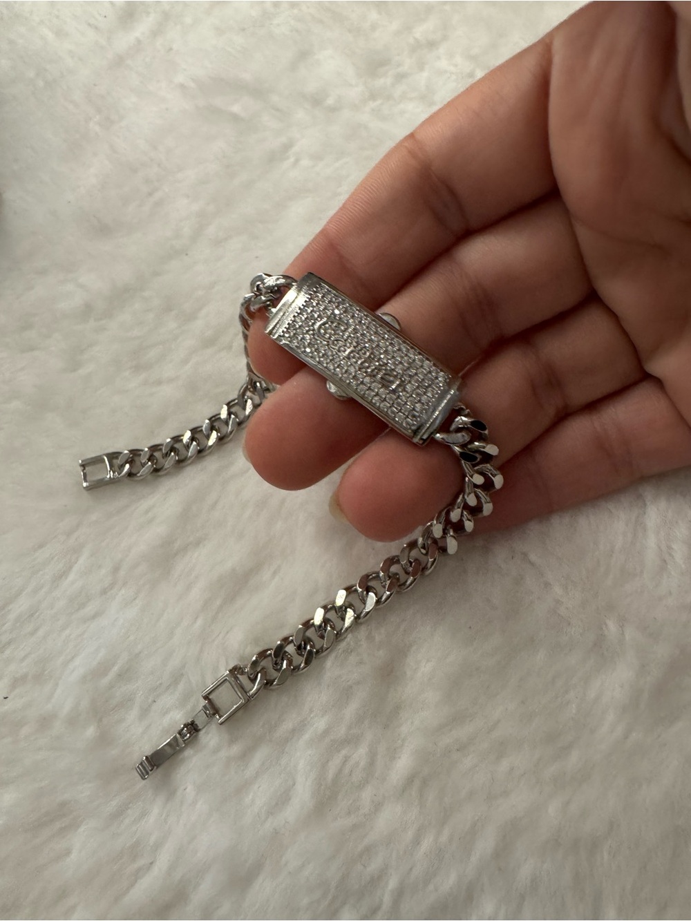 Silver Cubic Zirconia ID Curb Chain Bracelet